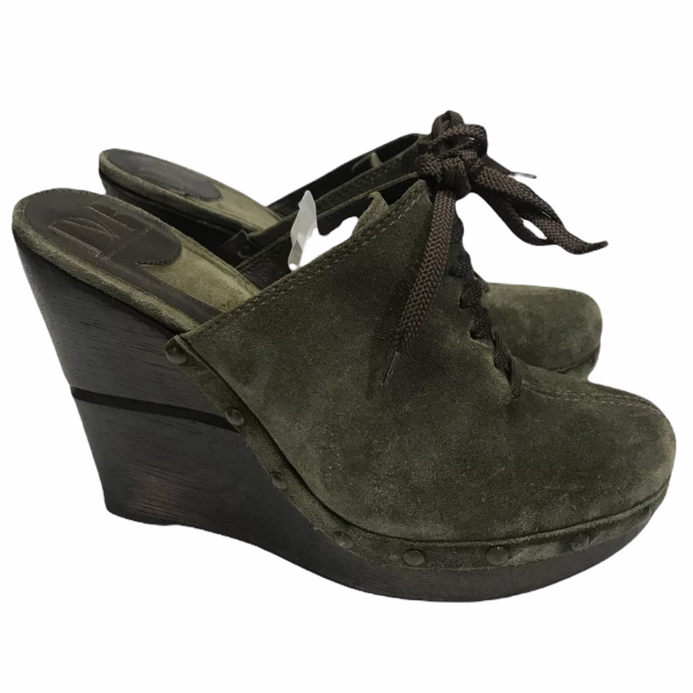 Diane Von Furstenberg Emerson Green Suede Clog Mule Wedge Sz 7 1/2 M